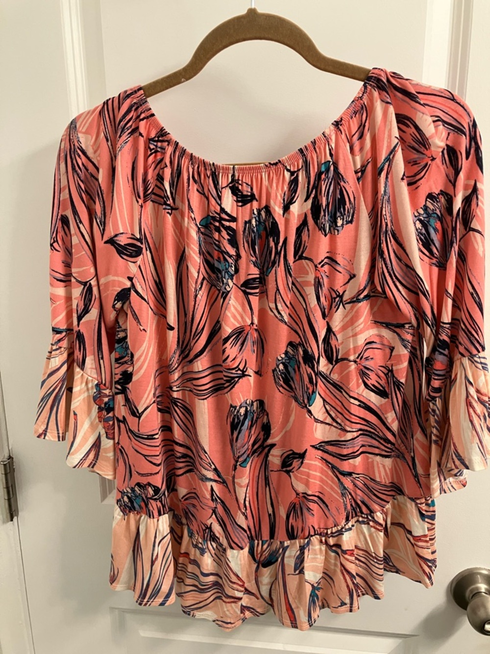 Style & Co. Coral Floral Ruffle Peasant Top - Picture 2 of 3